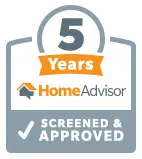 "HomeAdvisor 5 Years Screened & Approved badge with a checkmark."
