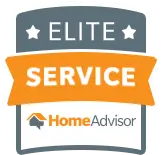 "Elite Service HomeAdvisor badge with stars and an orange banner."