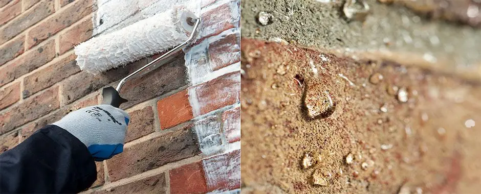 A worker applying a waterproofing coating to a brick wall with a roller, alongside a close-up of water droplets on a treated surface.