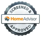 "HomeAdvisor Screened & Approved badge with a silver seal design."