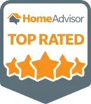 "HomeAdvisor Top Rated badge with five orange stars."
