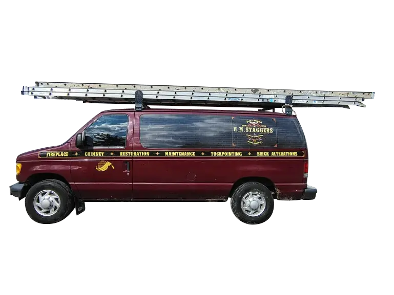 A maroon work van with ladders on top, displaying chimney and brick restoration services.